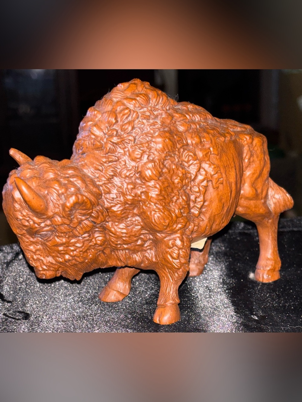 Vintage Red Mill Mfg Bison Buffalo Figurine Faux Carved Wood Pecan Shell USA